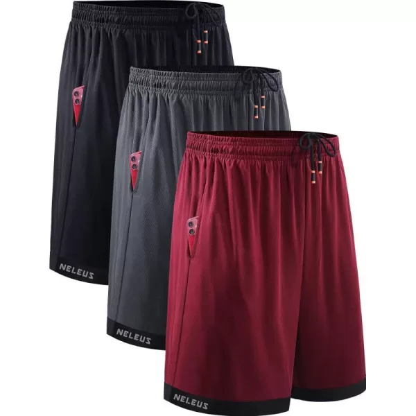 NELEUS Mens Lightweight Workout Athletic Shorts with Pockets6095 BlackGreyRed 3 Pack