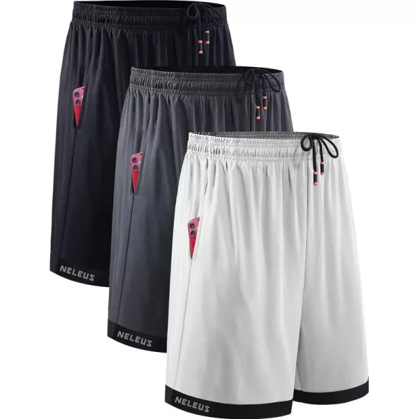 NELEUS Mens Lightweight Workout Athletic Shorts with Pockets6095 BlackGreyWhite 3 Pack