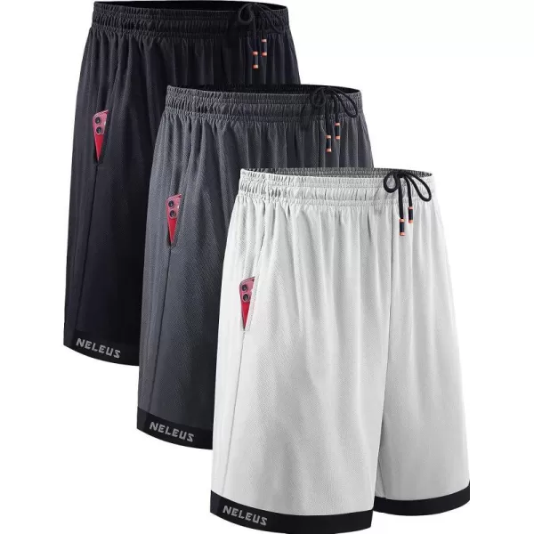 NELEUS Mens Lightweight Workout Athletic Shorts with Pockets6095 BlackGreyWhite3 Pack