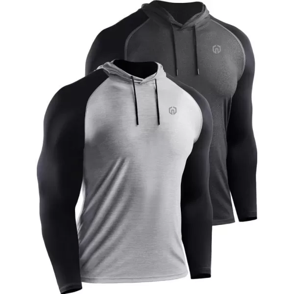 NELEUS Mens Running Shirt Long Sleeve Workout Shirts with Hoods5102 2 Packdark GreyLight Grey