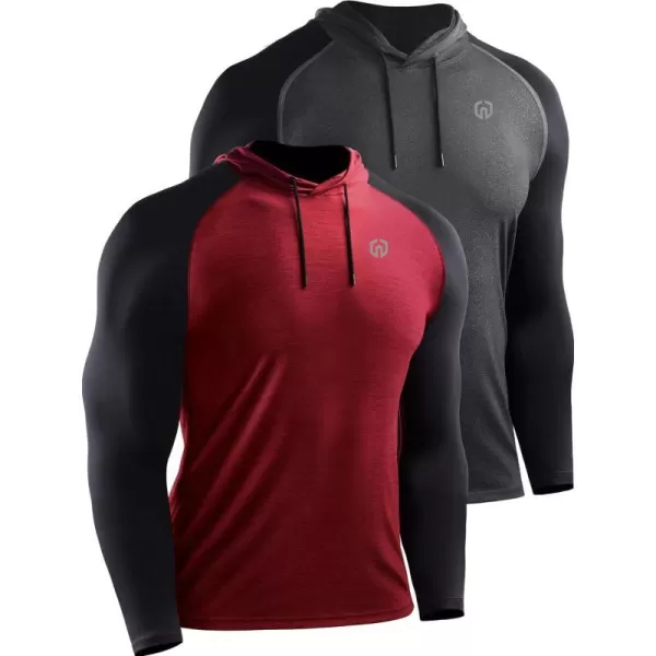 NELEUS Mens Running Shirt Long Sleeve Workout Shirts with Hoods5102 2 Packdark GreyRed