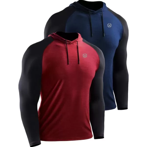 NELEUS Mens Running Shirt Long Sleeve Workout Shirts with Hoods5102 2 PackredNavy Blue