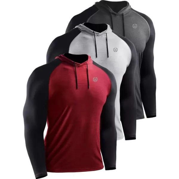 NELEUS Mens Running Shirt Long Sleeve Workout Shirts with Hoods5102 Dark GreyRedLight Grey3 Pack