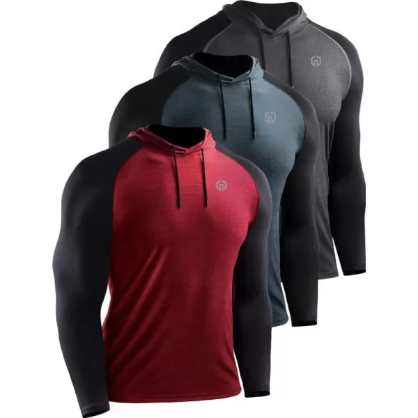 NELEUS Mens Running Shirt Long Sleeve Workout Shirts with Hoods5102 Dark GreySlate GreyRed3 Pack