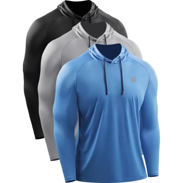 NELEUS Mens Running Shirt Long Sleeve Workout Shirts with HoodsUpf 50 BlackGreyLight Blue3 Pack