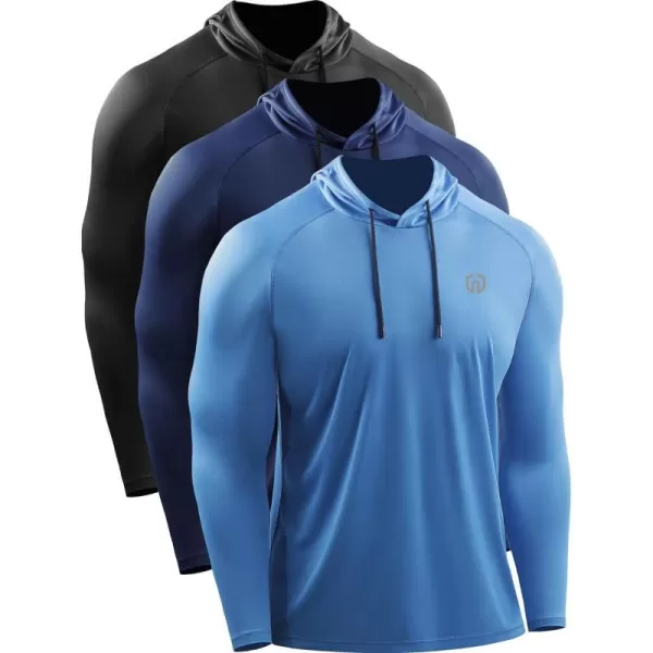 NELEUS Mens Running Shirt Long Sleeve Workout Shirts with HoodsUpf 50 BlackNavyLight Blue3 Pack