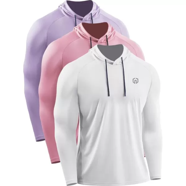 NELEUS Mens Running Shirt Long Sleeve Workout Shirts with HoodsUpf 50 PurplePinkWhite3 Pack