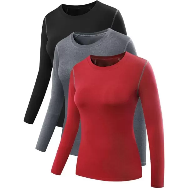 NELEUS Womens 3 Pack Athletic Compression Long Sleeve T Shirt Dry Fit03 3 Pack Blackgreyred