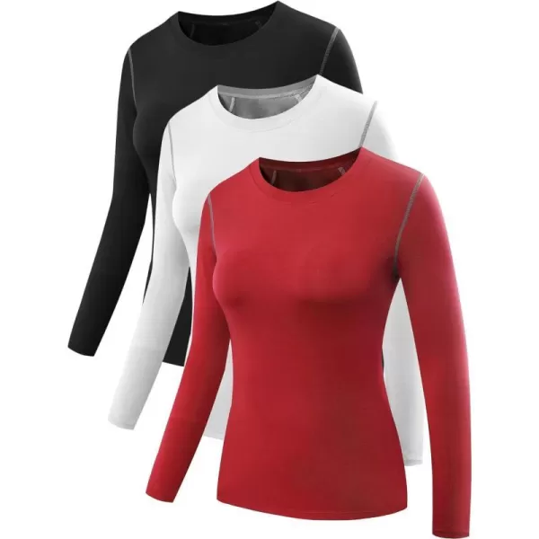 NELEUS Womens 3 Pack Athletic Compression Long Sleeve T Shirt Dry Fit03 3 Pack Blackredwhite