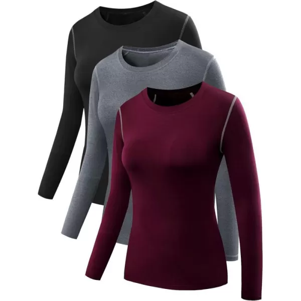 NELEUS Womens 3 Pack Athletic Compression Long Sleeve T Shirt Dry Fit03 BlackGreyBurgundy3 Pack