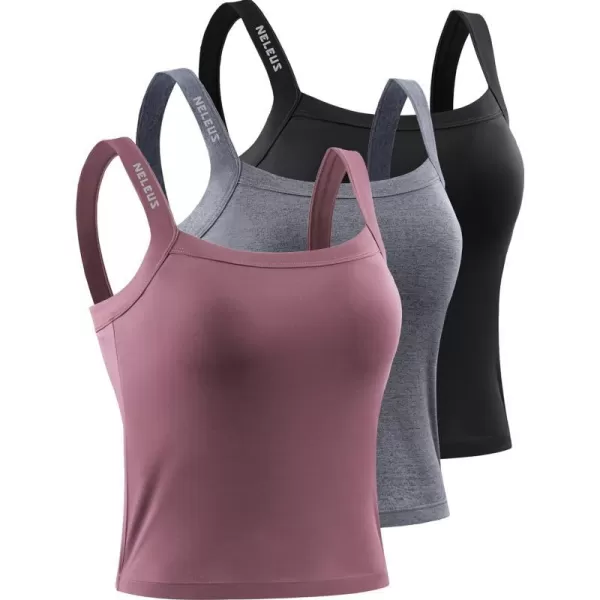 NELEUS Womens 3 Pack Athletic Compression Tank Top with Sport Bra Running Shirt8088 BlackGreyRose Red