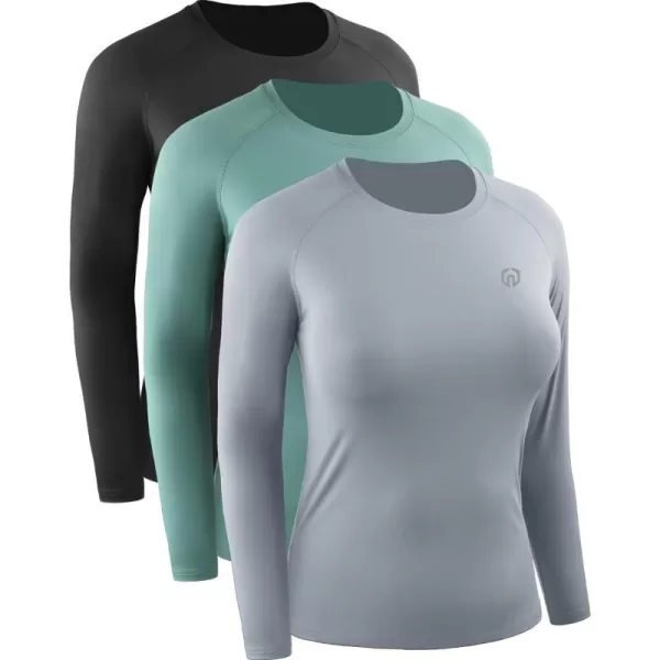 NELEUS Womens Dry Fit Workout Running Long Sleeve Shirt8024 BlackGrayish BlueBlackish Green3 Pack