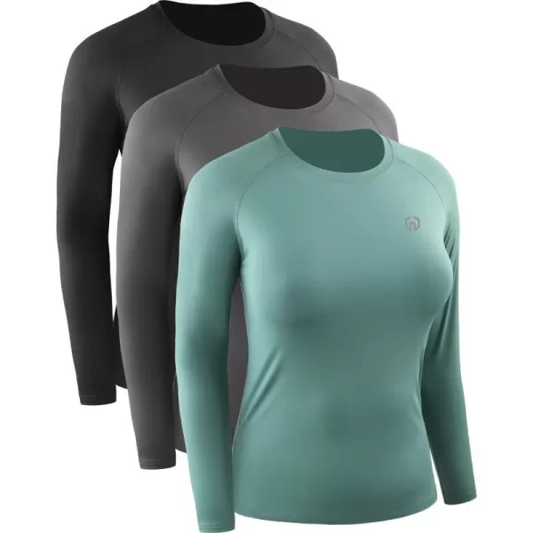 NELEUS Womens Dry Fit Workout Running Long Sleeve Shirt8024 BlackGreyBlackish Green3 Pack