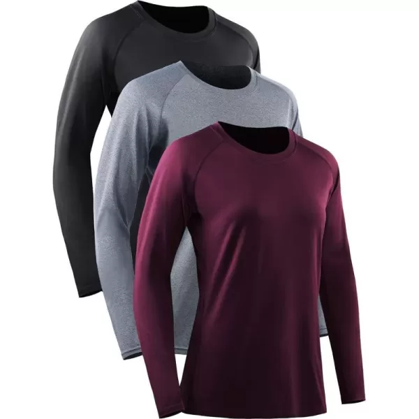 NELEUS Womens Dry Fit Workout Running Long Sleeve Shirt8065 3 PackblackGreyBurgundy