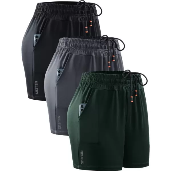 NELEUS Womens Lightweight Running Shorts Workout Athletic Short for Yoga with Pocket4 Inseam BlackGreyBlackish Green 3 Pack