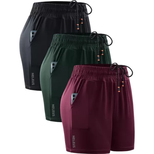 NELEUS Womens Lightweight Running Shorts Workout Athletic Short for Yoga with Pocket4 Inseam BlackRedBlackish Green 3 Pack