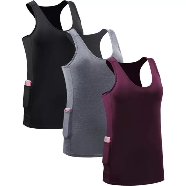 NELEUS Womens Racerback Yoga Workout Tank Top06 BlackGreyRed 3 Pack