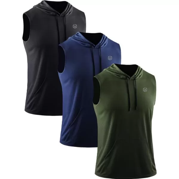 Neleus Mens Running Tank Tops 3 Pack Sleeveless Workout Athletic Shirts with Hoods5093 BlackOlive GreenNavy Blue