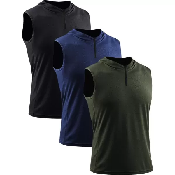 Neleus Mens Running Tank Tops 3 Pack Sleeveless Workout Athletic Shirts with Hoods5099 BlackNavyOlive Green3 Pack