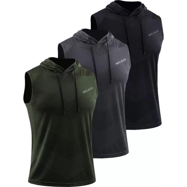 Neleus Mens Workout Tank Tops 3 Pack Sleeveless Running Shirts with Hoodie5098 BlackGreyOlive Green 3 Pack