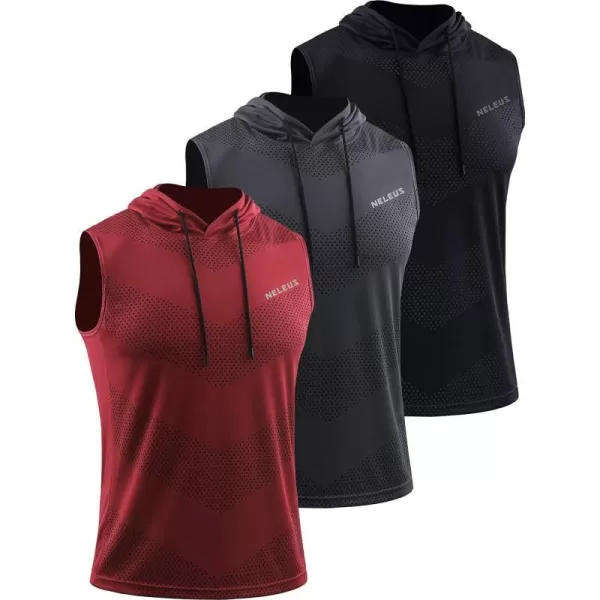 Neleus Mens Workout Tank Tops 3 Pack Sleeveless Running Shirts with Hoodie5098 BlackGreyRed3 Pack