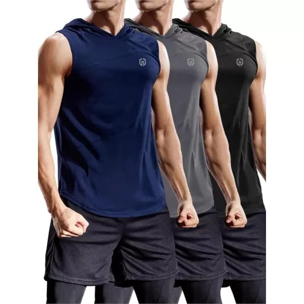 NELEUS Dry Fit Workout Athletic Muscle Tank Top Running Shirts with Hoods5036 3 Packblack navy Blue grey