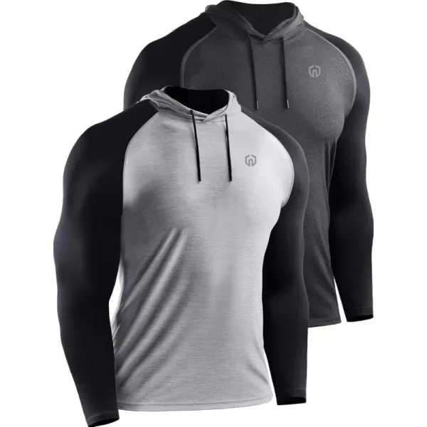 NELEUS Mens Running Shirt Long Sleeve Workout Shirts with Hoods5102 2 Pack dark GreyLight Grey