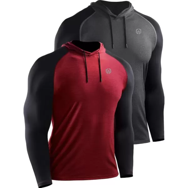 NELEUS Mens Running Shirt Long Sleeve Workout Shirts with Hoods5102 2 Pack dark GreyRed