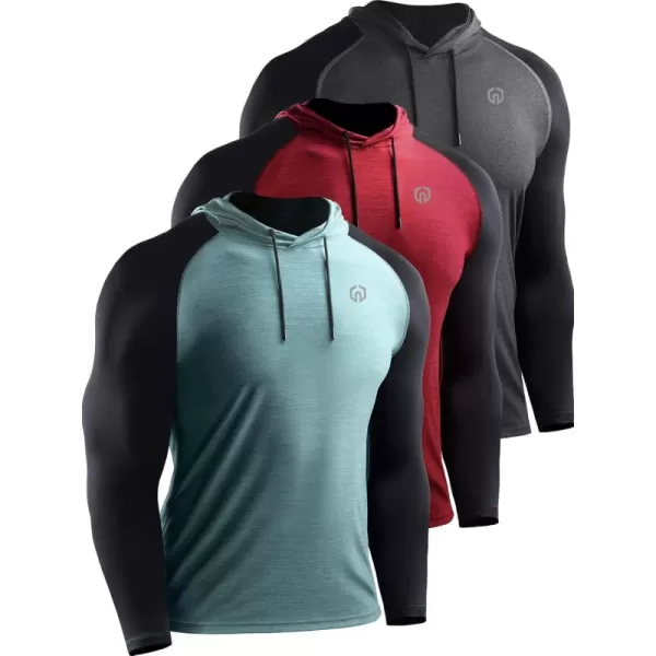 NELEUS Mens Running Shirt Long Sleeve Workout Shirts with Hoods5102 Dark GreyLight GreenRed 3 Pack