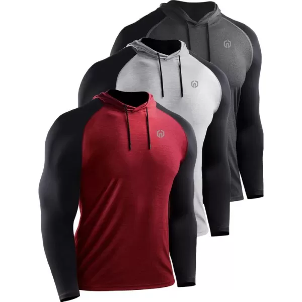 NELEUS Mens Running Shirt Long Sleeve Workout Shirts with Hoods5102 Dark GreyRedLight Grey 3 Pack