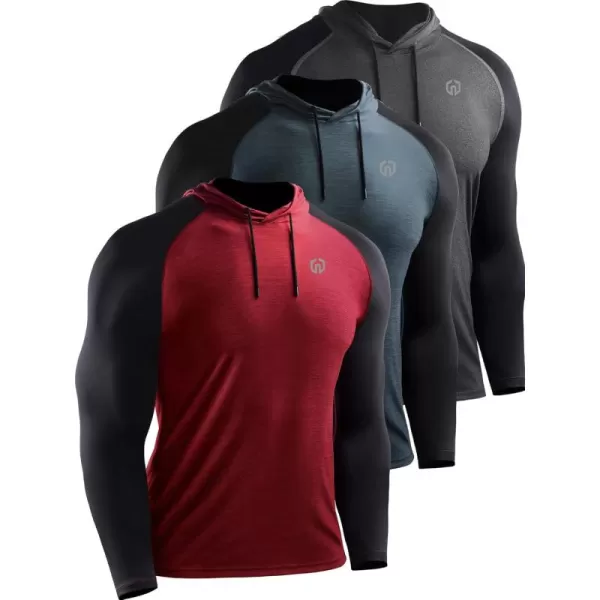 NELEUS Mens Running Shirt Long Sleeve Workout Shirts with Hoods5102 Dark GreySlate GreyRed 3 Pack