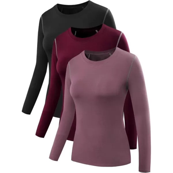 NELEUS Womens 3 Pack Athletic Compression Long Sleeve T Shirt Dry Fit03 BlackBurgundyRosy Brown3 Pack