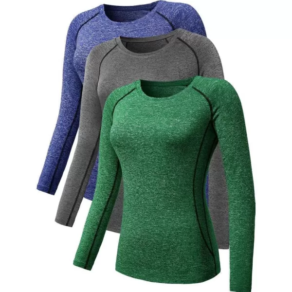 NELEUS Womens 3 Pack Compression Shirts Long Sleeve Yoga Athletic Running T Shirt8021 Greengreyblue