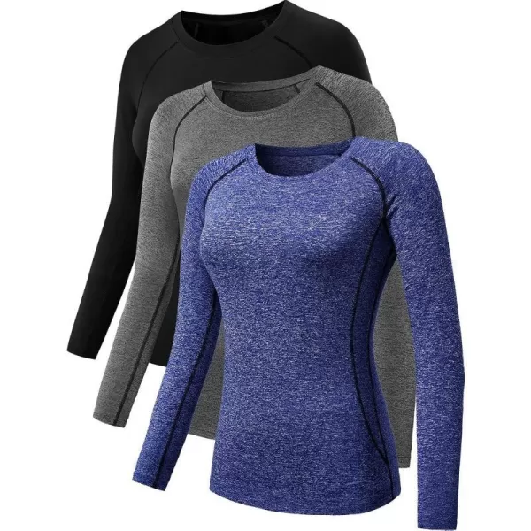 NELEUS Womens 3 Pack Compression Shirts Long Sleeve Yoga Athletic Running T Shirt8021blackgreyblue