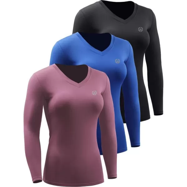 NELEUS Womens 3 Pack Compression Shirts Long Sleeve Yoga Athletic Running T ShirtVneck BlackBlueRosy Brown3 Pack