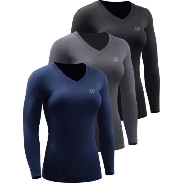 NELEUS Womens 3 Pack Compression Shirts Long Sleeve Yoga Athletic Running T ShirtVneck BlackGreyNavy Blue3 Pack