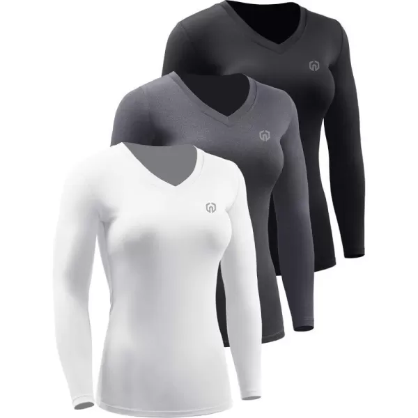 NELEUS Womens 3 Pack Compression Shirts Long Sleeve Yoga Athletic Running T ShirtVneck BlackGreyWhite3 Pack