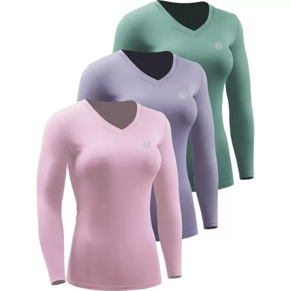 NELEUS Womens 3 Pack Compression Shirts Long Sleeve Yoga Athletic Running T ShirtVneck PinkPurpleBlackish Green3 Pack