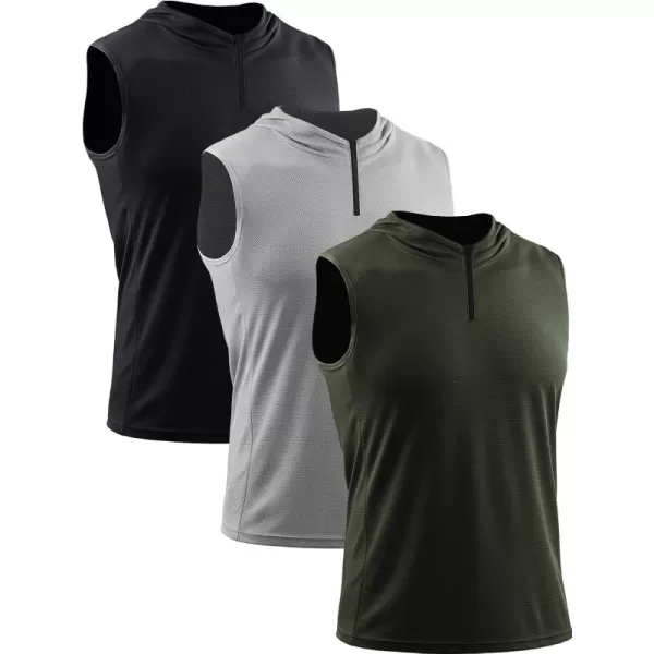 Neleus Mens Running Tank Tops 3 Pack Sleeveless Workout Athletic Shirts with Hoods5099 BlackGreyOlive Green 3 Pack