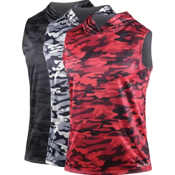 Neleus Mens Running Tank Tops 3 Pack Sleeveless Workout Athletic Shirts with Hoods5121 BlackGreyRed  3 Pack