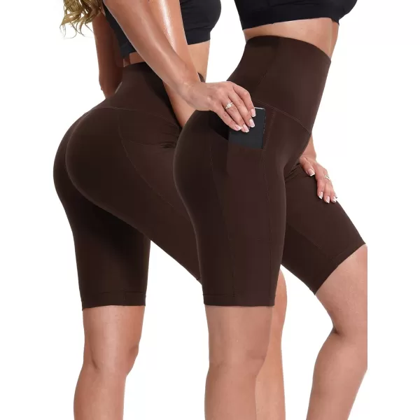 NELEUS Womens High Waist Yoga Shorts Tummy Control Workout Running Compression Shorts with Pocket9044 BlackGreyCoffee3 Pack