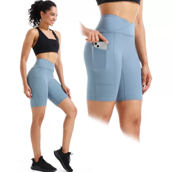 NELEUS Womens High Waist Yoga Shorts Tummy Control Workout Running Compression Shorts with Pocket9115 BlackGreyLight Blue 3 Pack