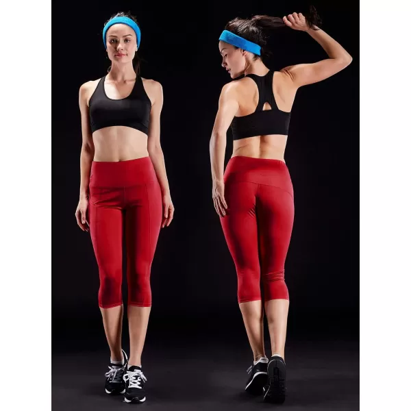 NELEUS Womens Tummy Control High Waist Capri Running Leggings Yoga Pants with Pocket9027 BurgundyBlueRose Red3 Pack