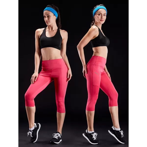 NELEUS Womens Tummy Control High Waist Capri Running Leggings Yoga Pants with Pocket9027 BurgundyBlueRose Red3 Pack