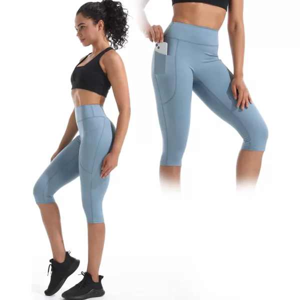 NELEUS Womens Tummy Control High Waist Capri Running Leggings Yoga Pants with Pocket9120 BlackGreyLight Blue3 Pack