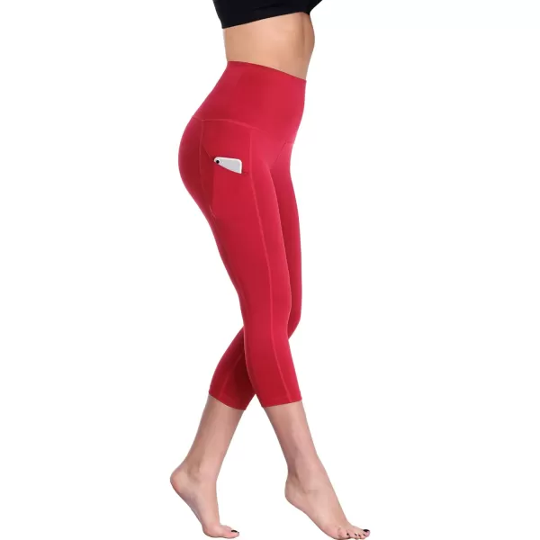 NELEUS Womens Tummy Control High Waist Capri Running Leggings Yoga Pants with PocketZ109 RedBurgundyRose Red3 Pack