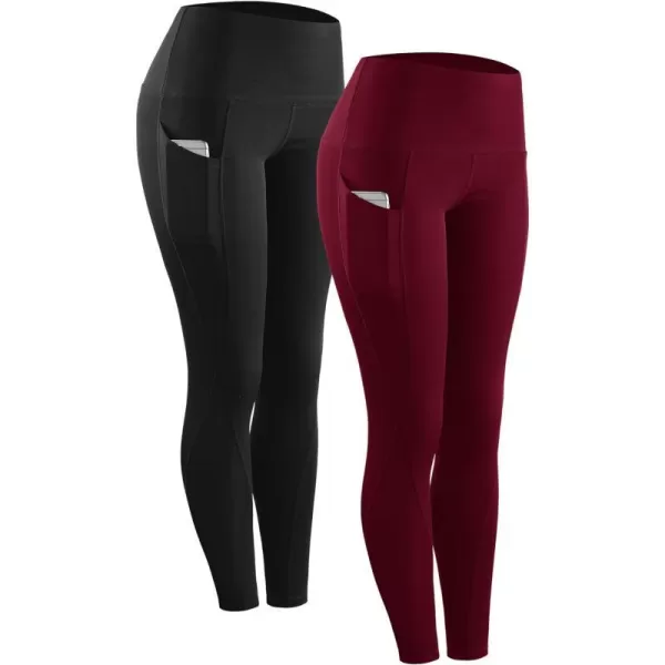 NELEUS High Waist Running Workout Leggings for Yoga with Pockets9017 Yoga Pant 2 Packblackred