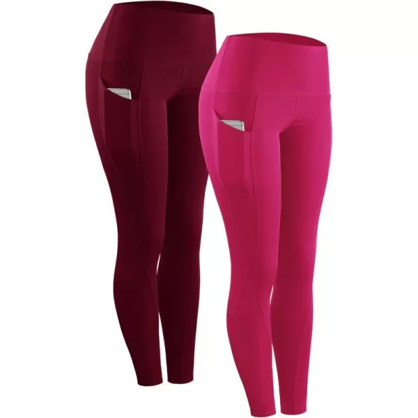 NELEUS High Waist Running Workout Leggings for Yoga with Pockets9017 Yoga Pant 2 Packredrose Red