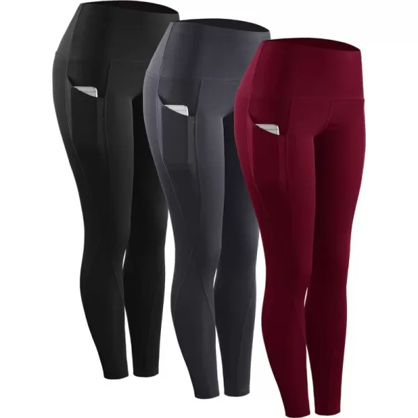 NELEUS High Waist Running Workout Leggings for Yoga with Pockets9017 Yoga Pant 3 PackblackGreyRed