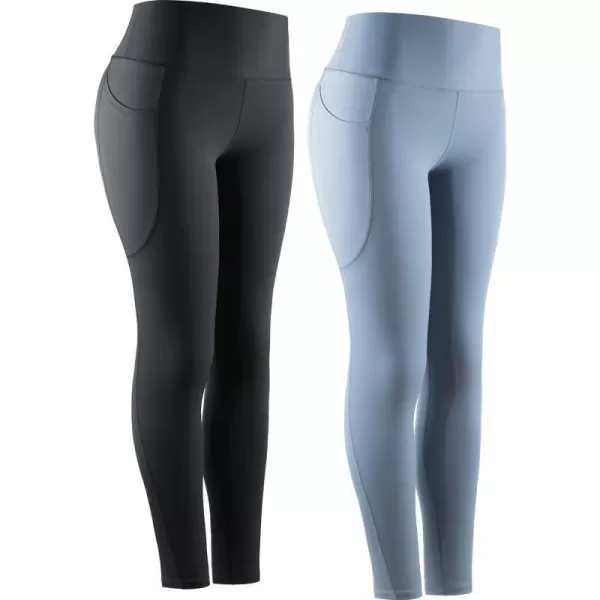 NELEUS High Waist Running Workout Leggings for Yoga with Pockets9069 Yoga Pants 2 PackblackLight Steel Blue